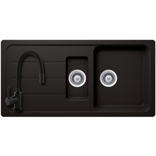 1211144+BZA4BLB SCHOCK ISAR D-150 (FORMHAUS) 1000x500 mm gránit mosogató gyümölcsmosós NERO Fekete CRISTALITE® +FERRO ZUMBA NERO csaptelep flexibilis kifolyócsővel fekete szett